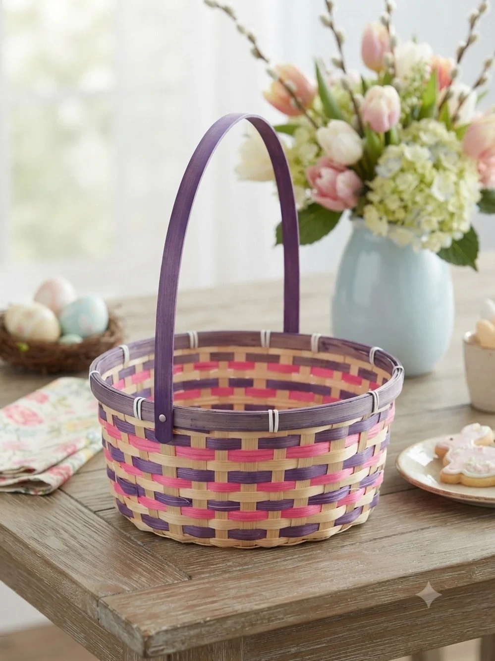 Handwoven Purple and Pink Easter Basket with Handle
